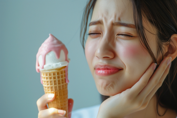 虫歯の初期症状で冷たいソフトクリームを食べてしみる女性